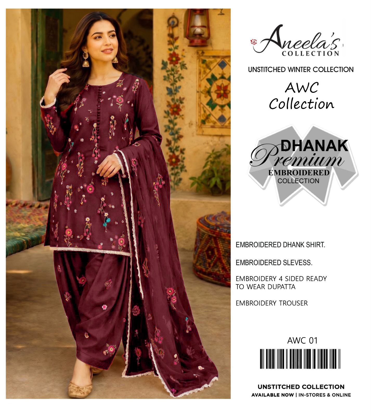 Dhanak embroidered luxury unstitched 3pc suit